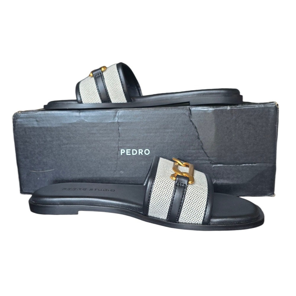 Pedro Studio Black & White Slides Gold Chain Accent Stylish Summer Sandals Sz 6‎
